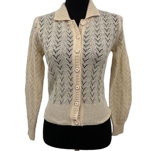 Vintage 70s Collage Ivory Acrylic Lace Knit Cardigan Medium